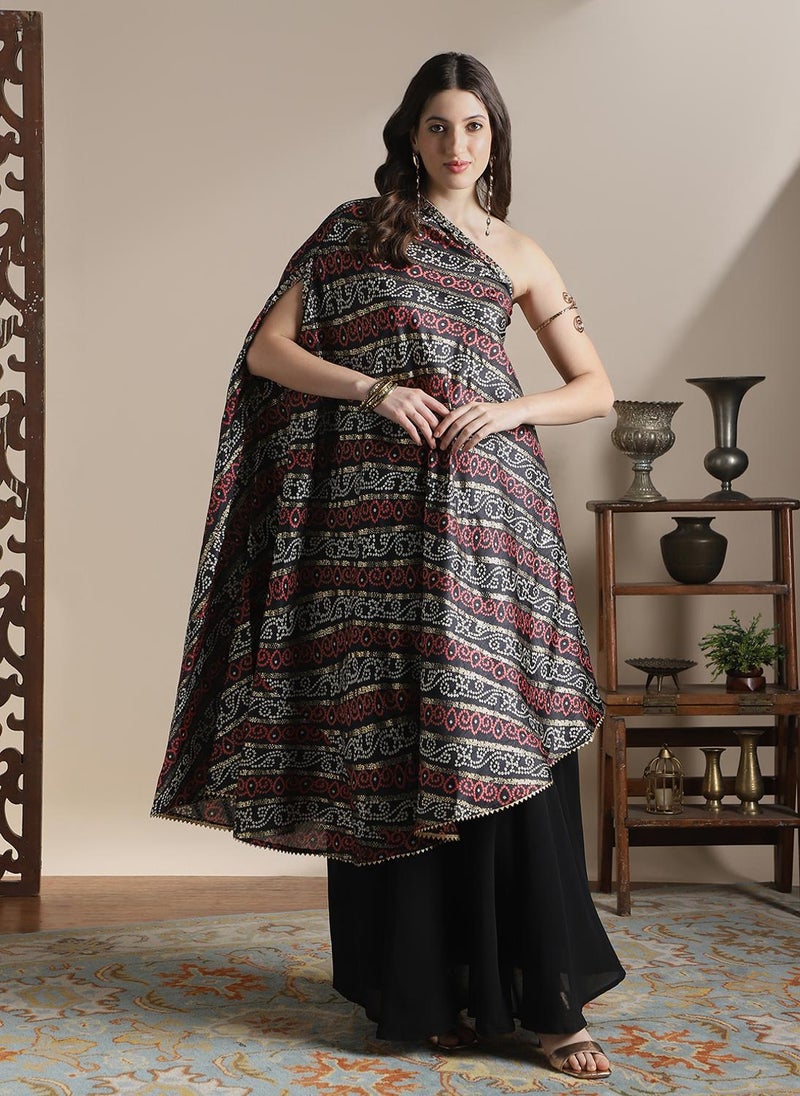 Globus Women Black One Shoulder Extended Sleeves Asymmetric Hem Bandhani Printed Kurta With Flared Palazzos Fusion Coords Set - Image 1